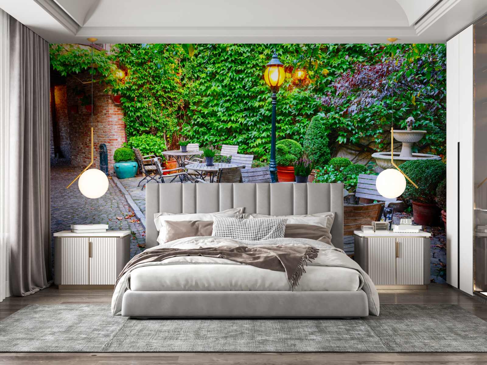 Фотошпалери завод із зеленою стіною та вуличним ліхтарем