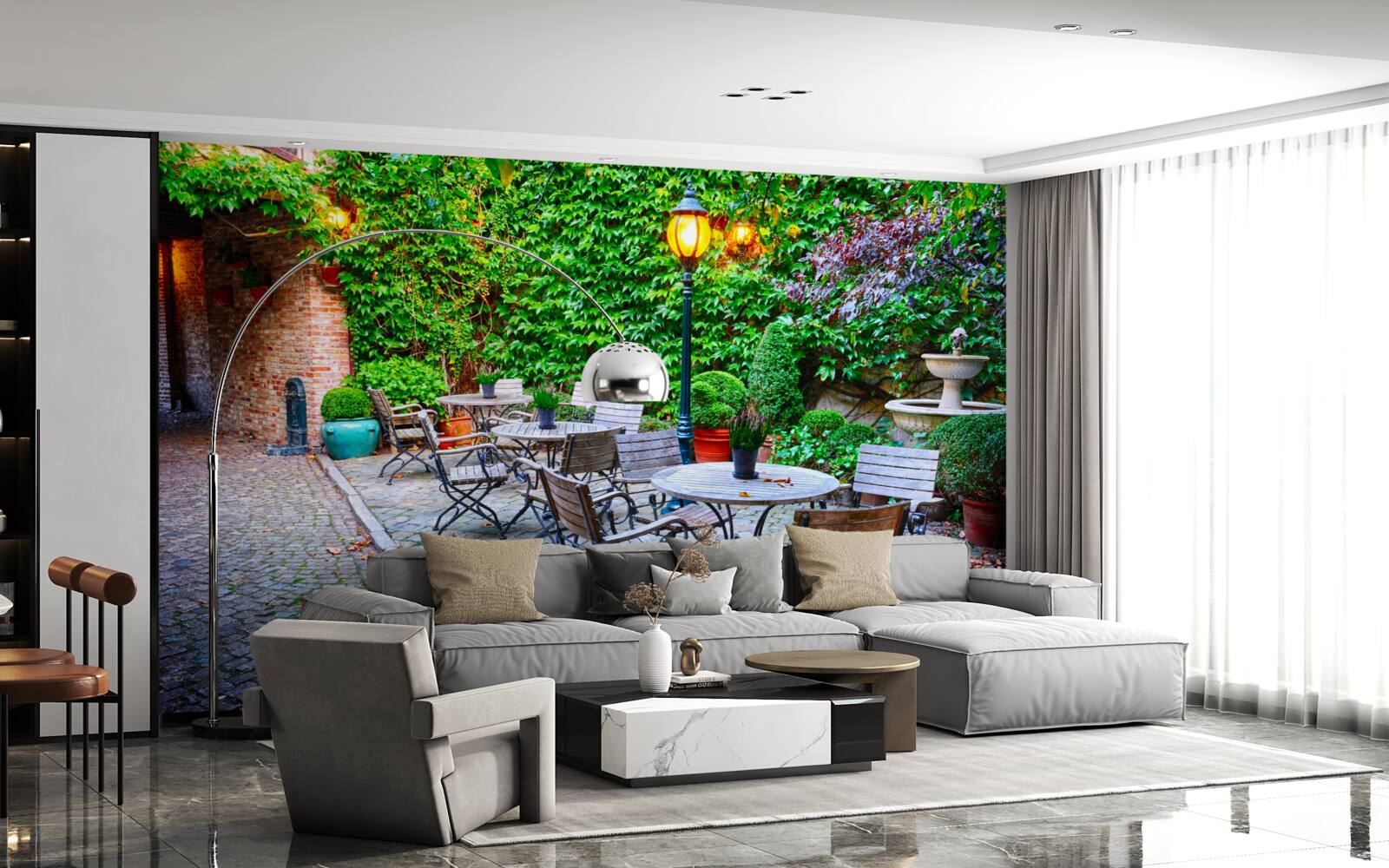 Фотошпалери завод із зеленою стіною та вуличним ліхтарем