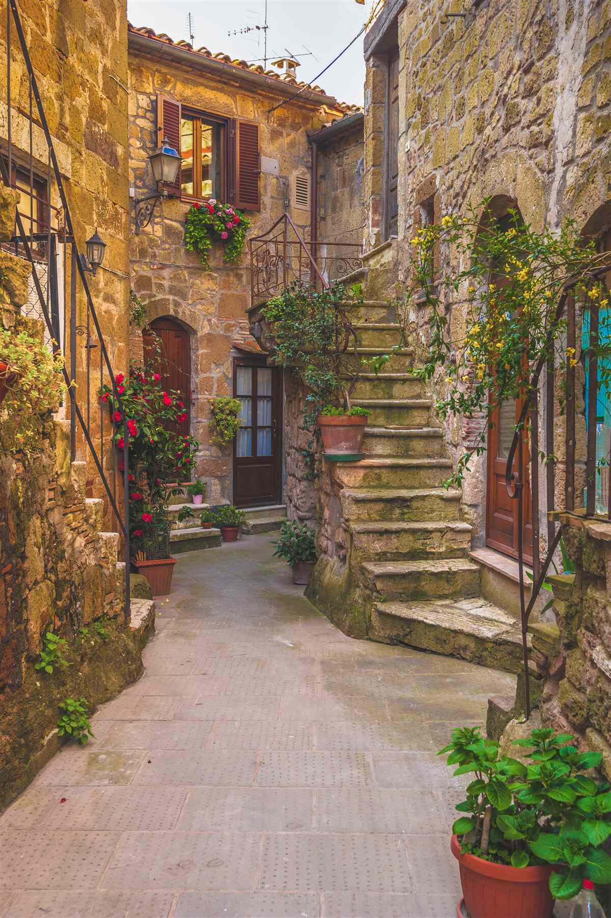 Фотошпалери прикрашені квітами сходи в старому дворику