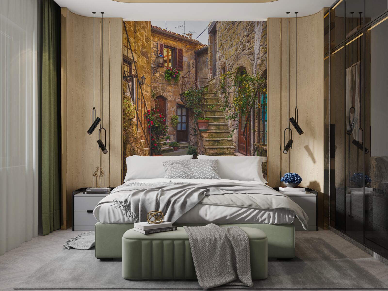 Фотошпалери прикрашені квітами сходи в старому дворику