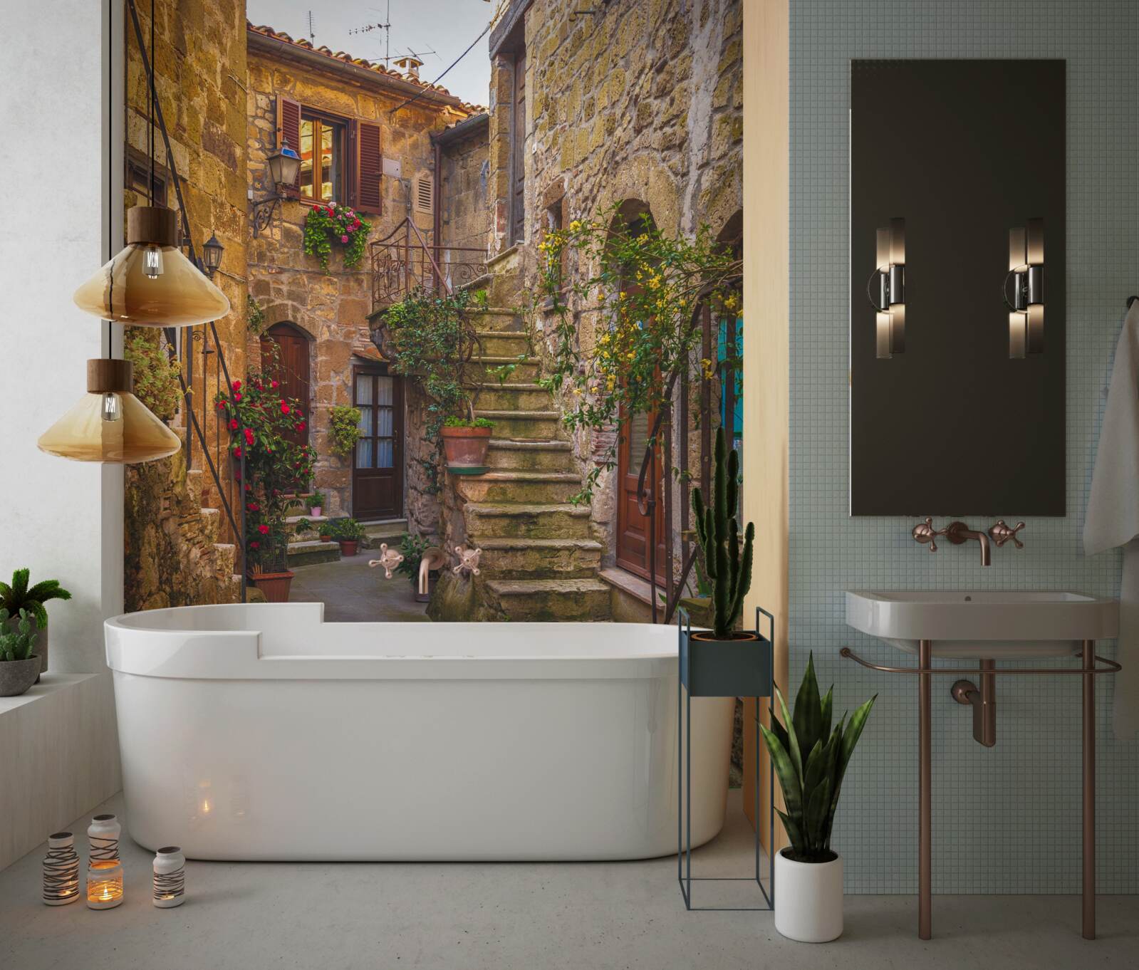 Фотошпалери прикрашені квітами сходи в старому дворику