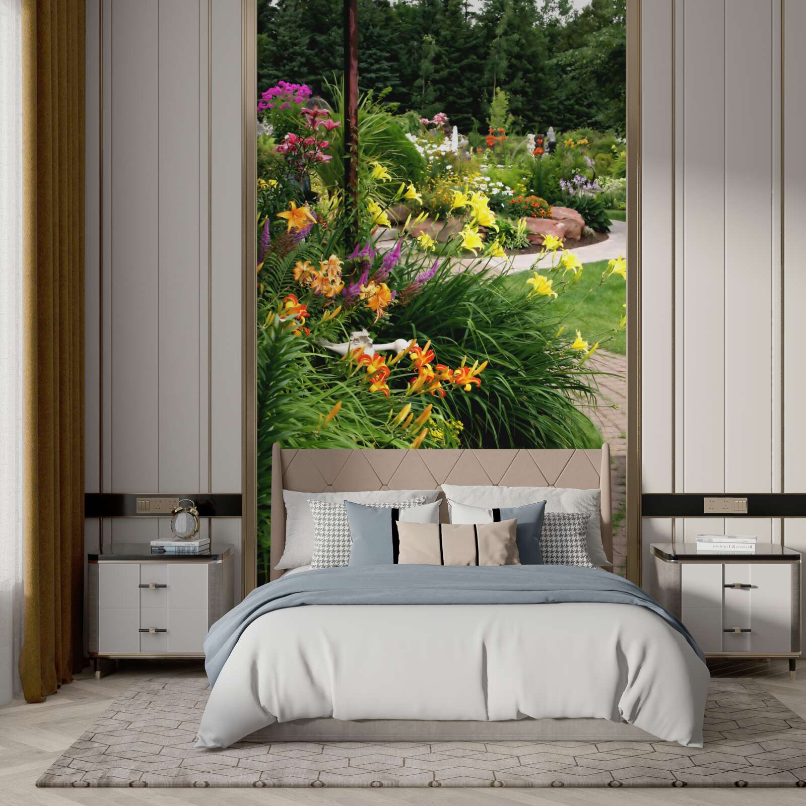 Фотошпалери доріжка біля пишних літніх кущів з квітами