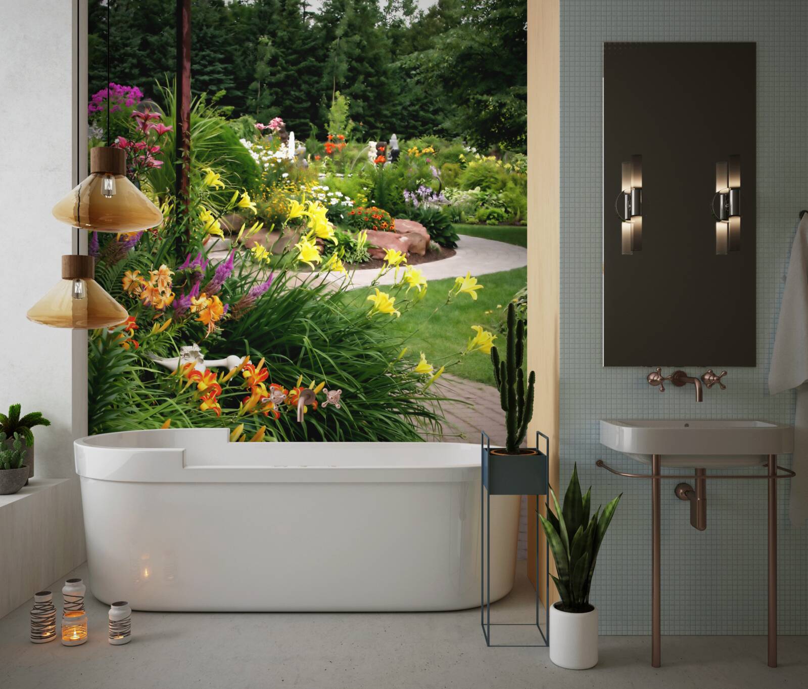 Фотошпалери доріжка біля пишних літніх кущів з квітами