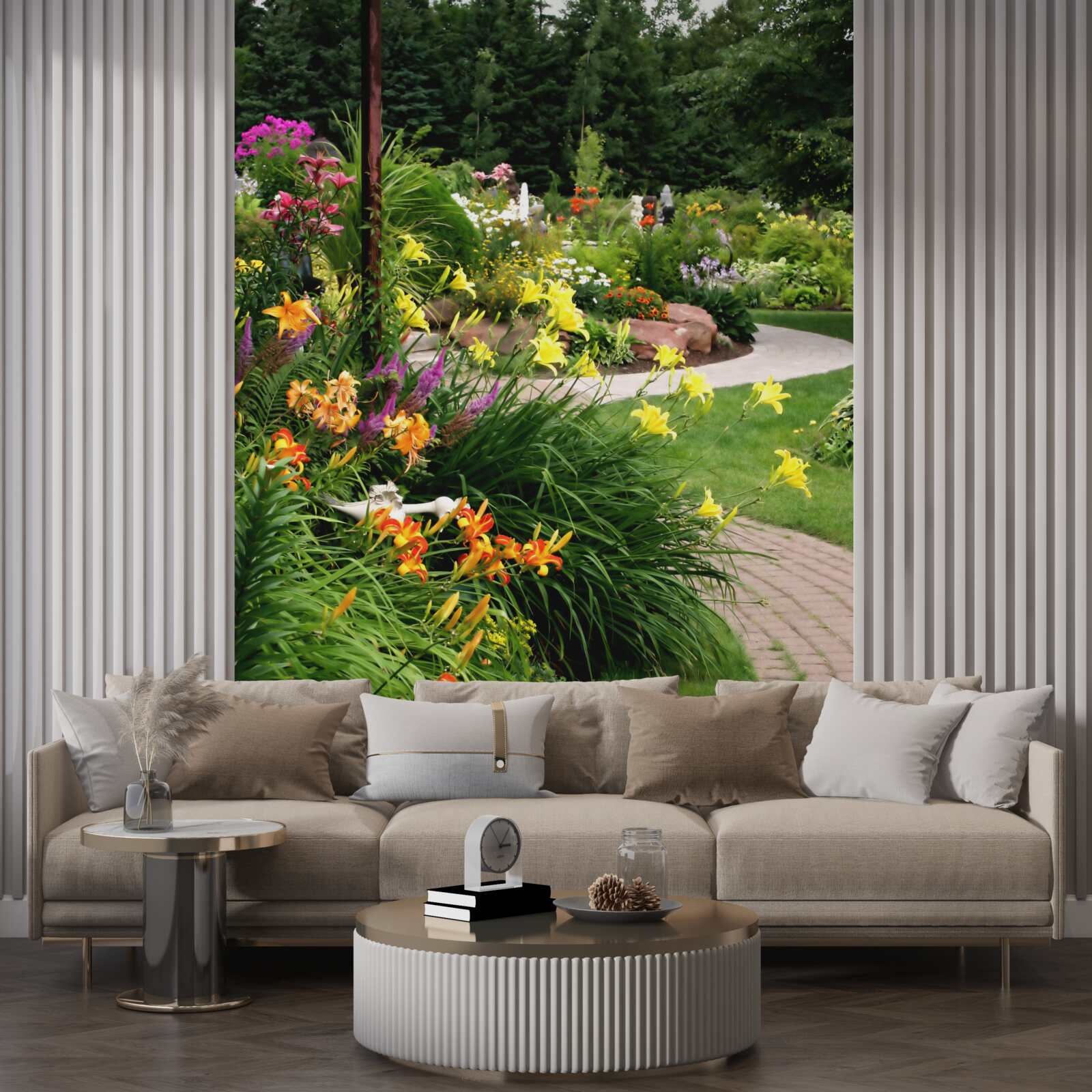 Фотошпалери доріжка біля пишних літніх кущів з квітами