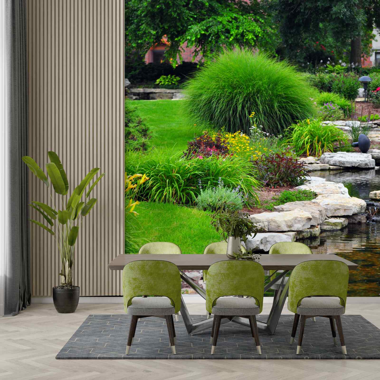 Фотошпалери квіти біля ставка в саду