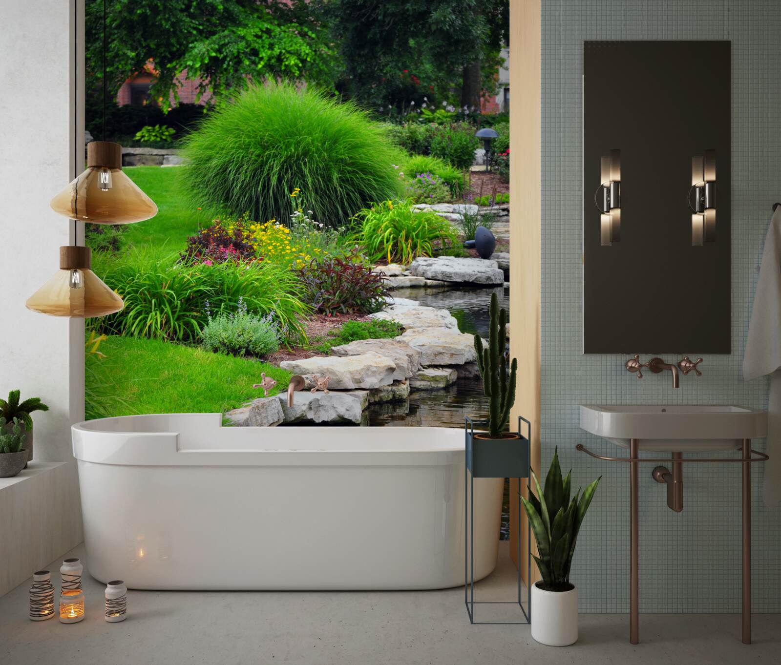 Фотошпалери квіти біля ставка в саду