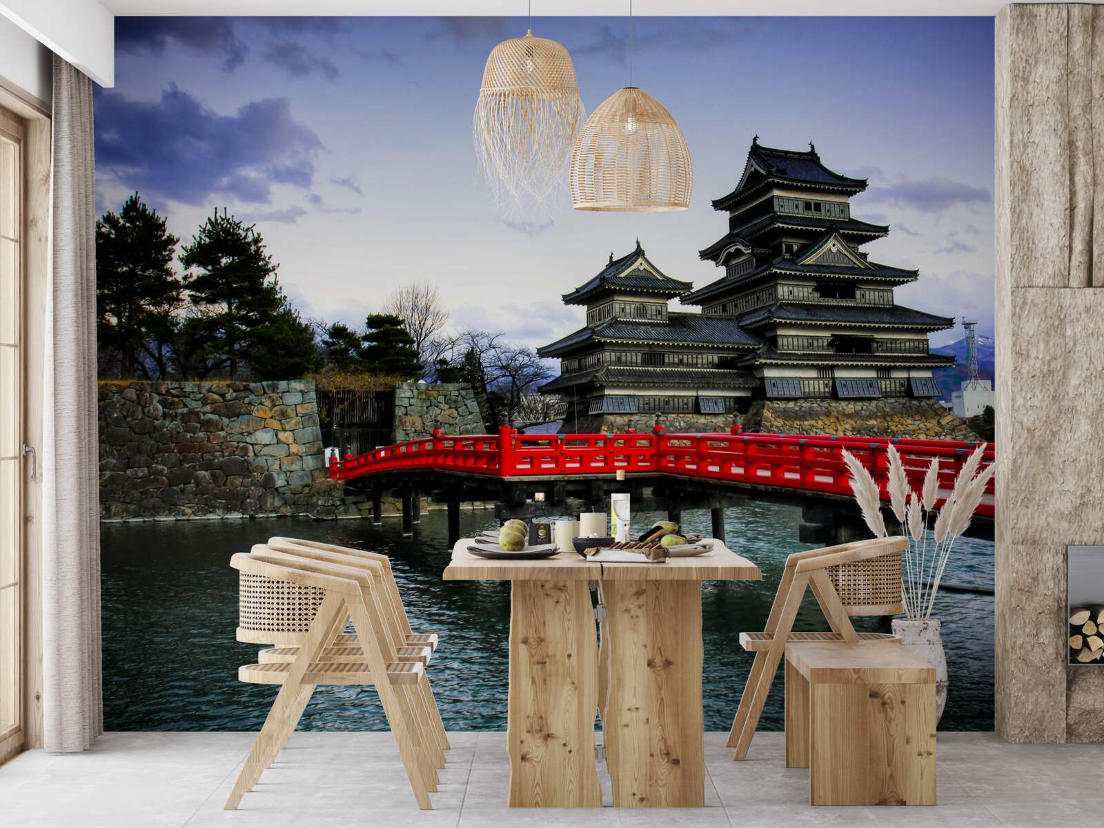 Фотошпалери в японії червоний міст перекинутий через річку