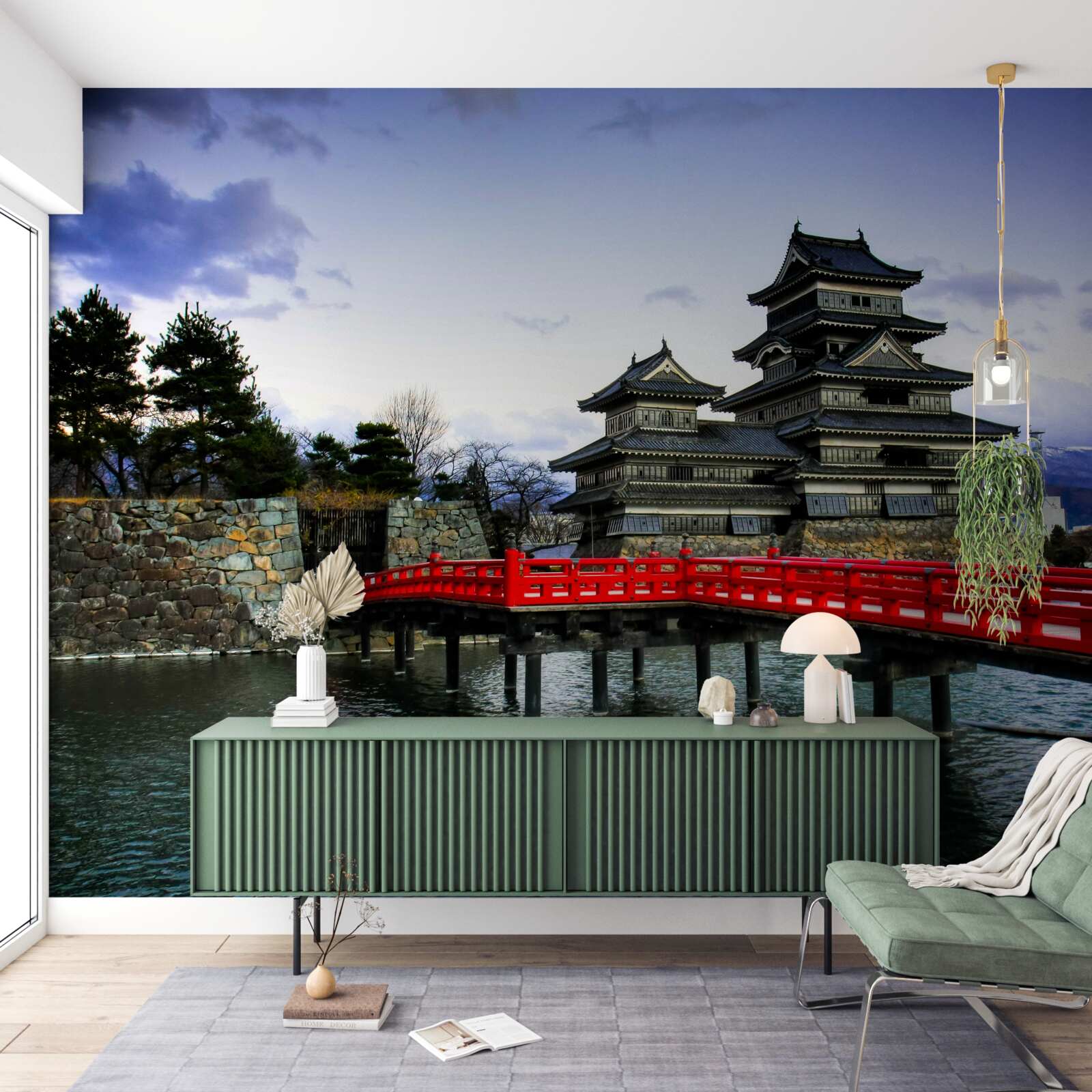 Фотошпалери в японії червоний міст перекинутий через річку