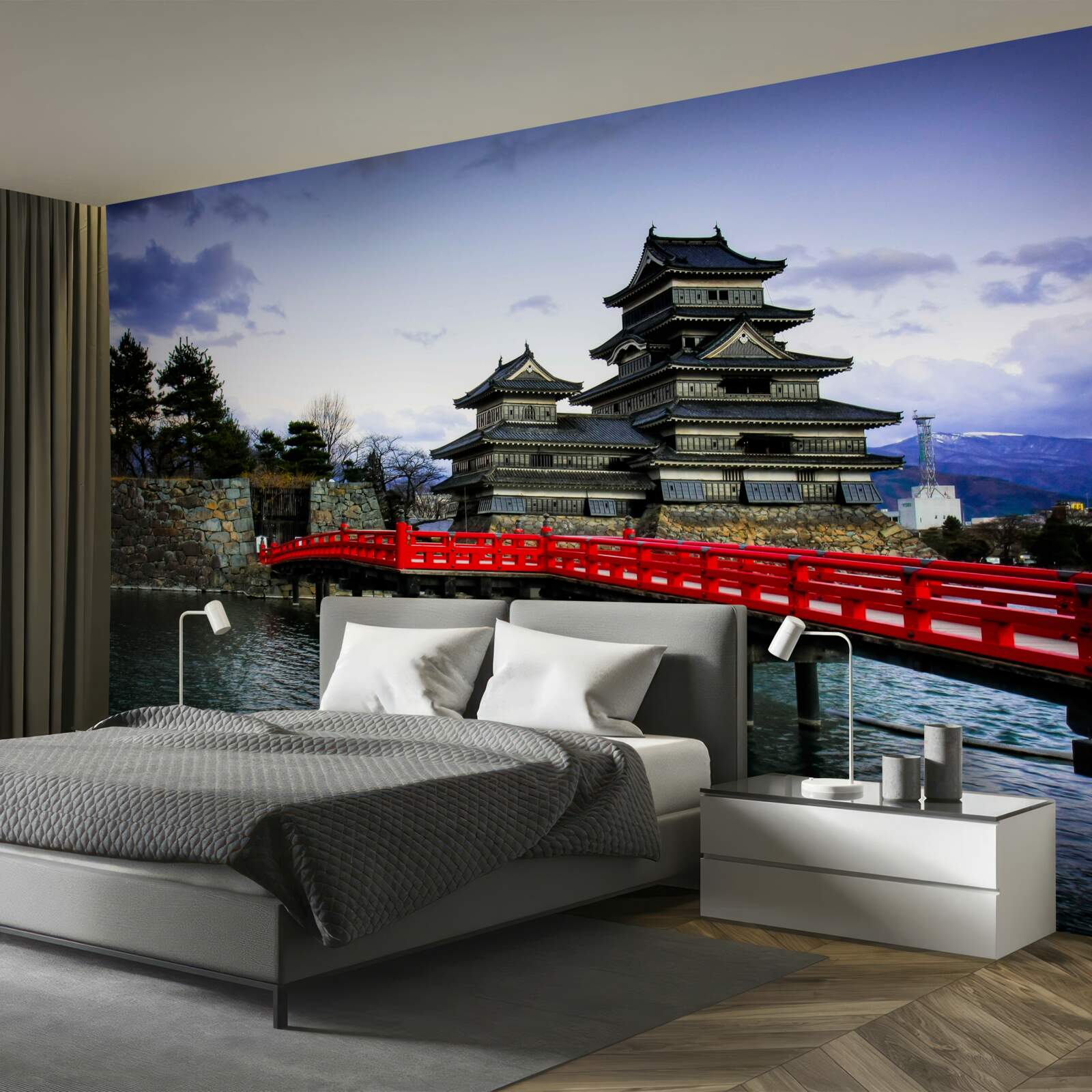 Фотошпалери в японії червоний міст перекинутий через річку