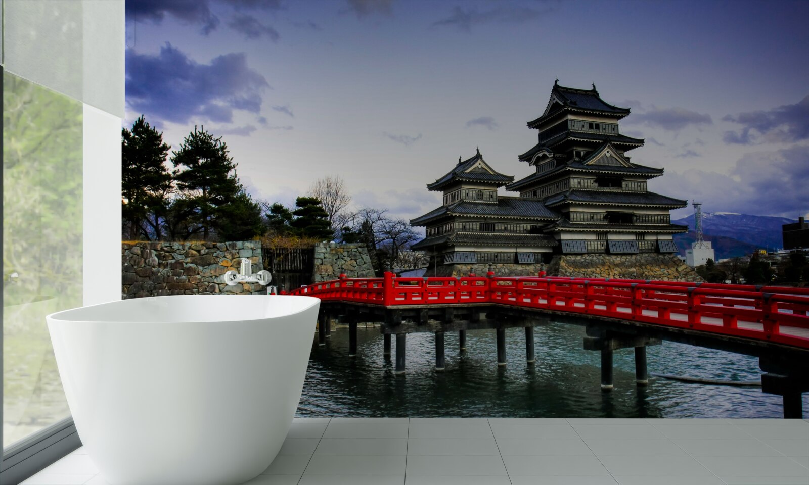 Фотошпалери в японії червоний міст перекинутий через річку