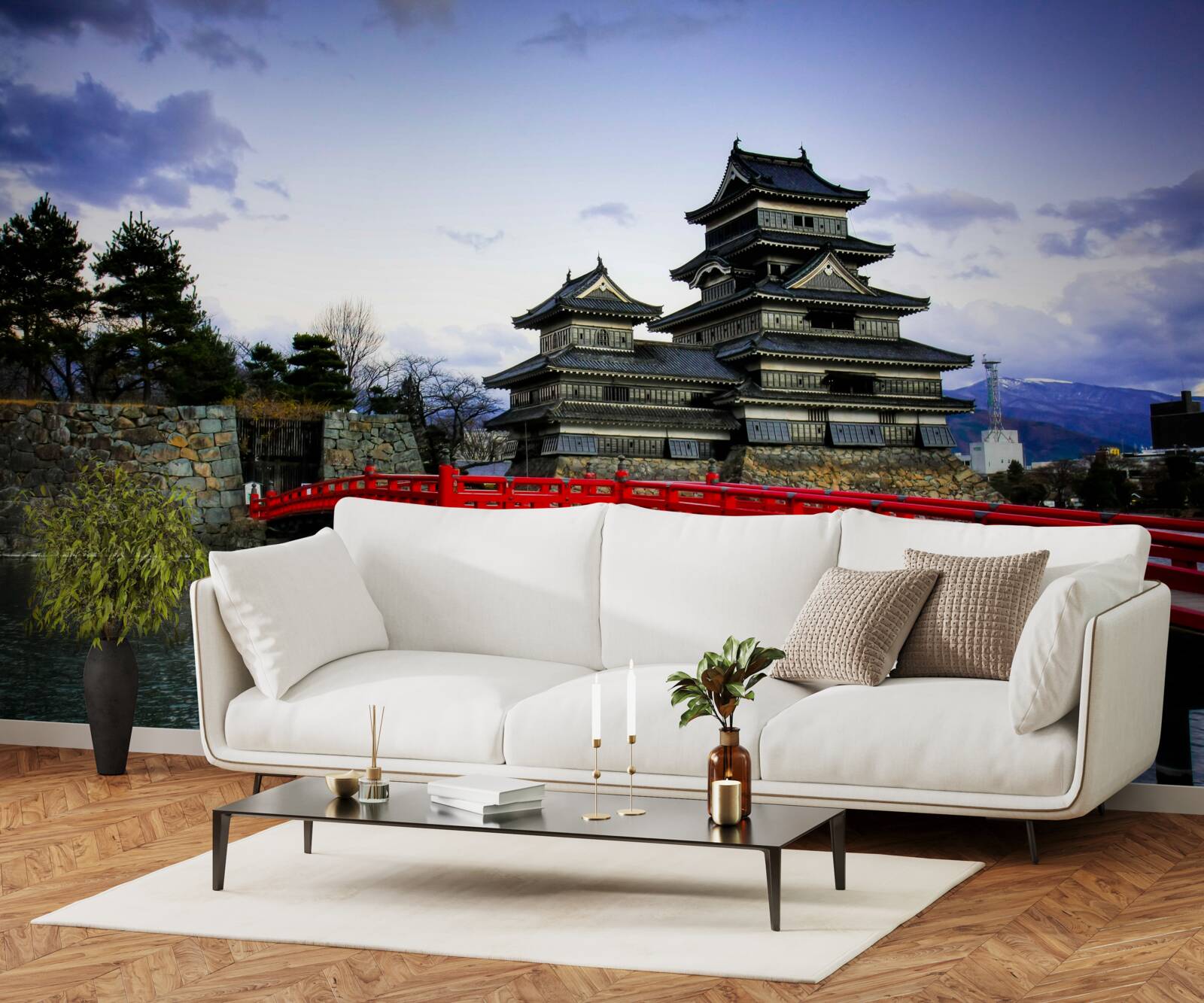 Фотошпалери в японії червоний міст перекинутий через річку