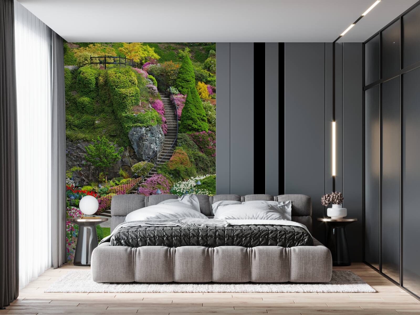 Фотошпалери сходи повністю потопають у зелені та квітах