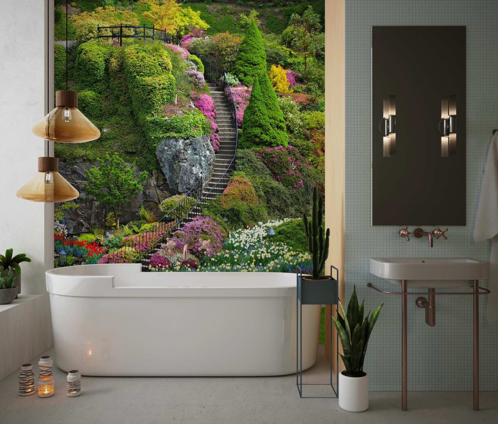 Фотошпалери сходи повністю потопають у зелені та квітах