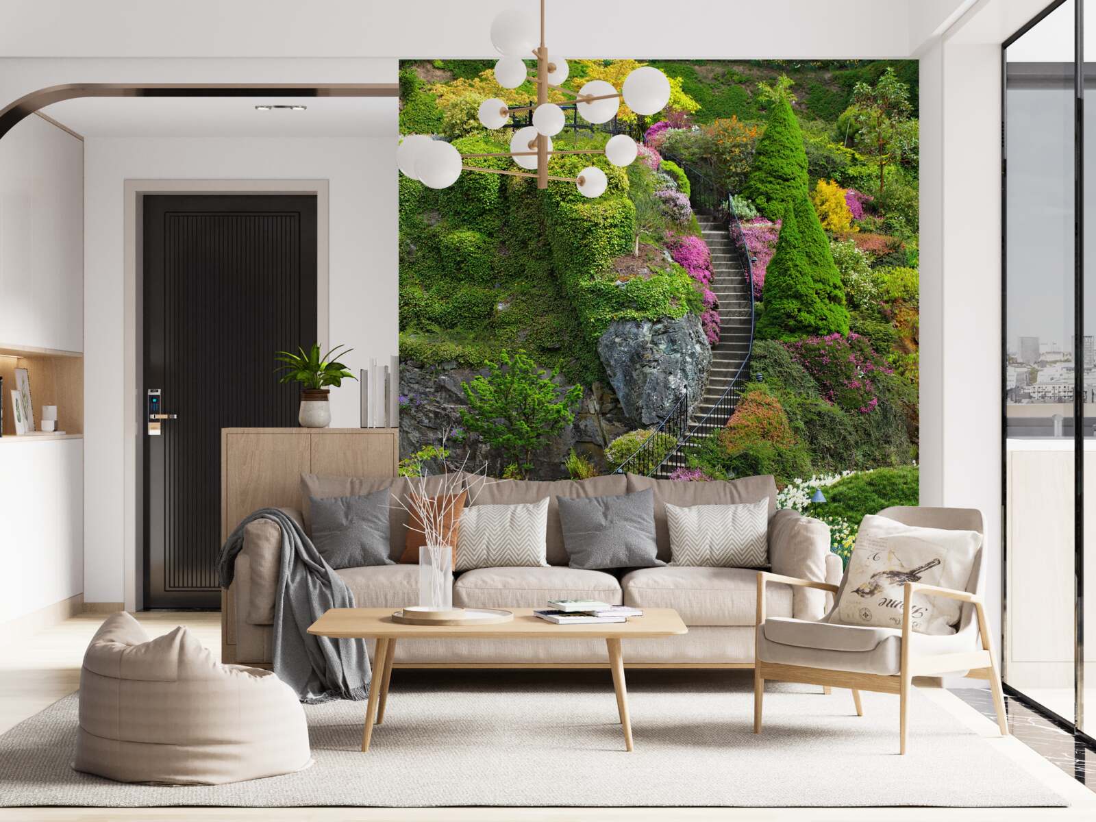 Фотошпалери сходи повністю потопають у зелені та квітах