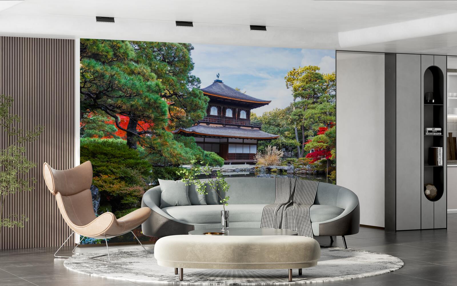 Фотошпалери Японський садовий будиночок на березі озера, сповнений затишку