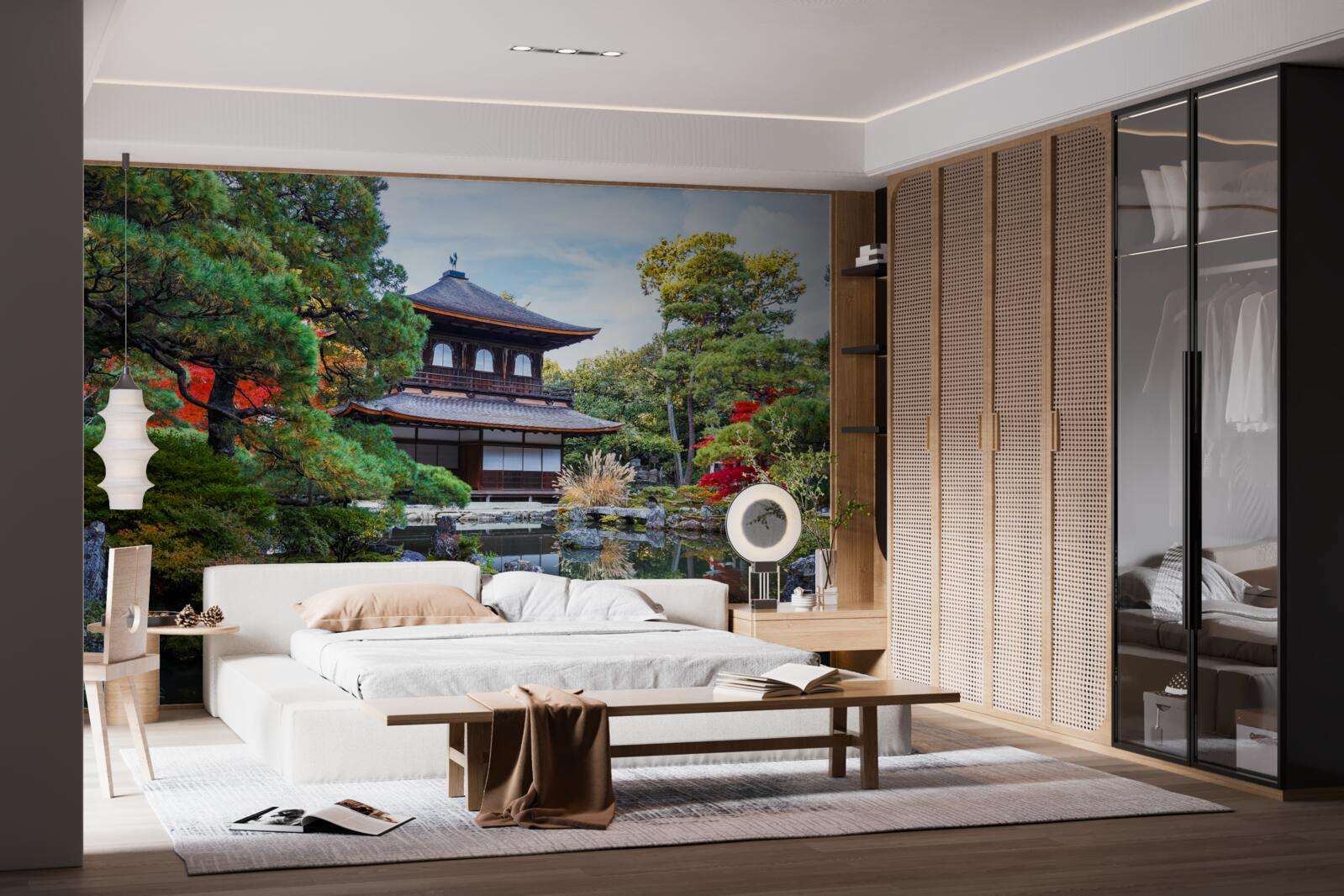 Фотошпалери Японський садовий будиночок на березі озера, сповнений затишку