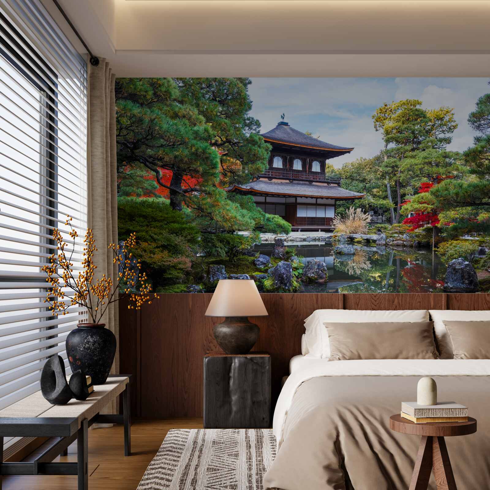 Фотошпалери Японський садовий будиночок на березі озера, сповнений затишку