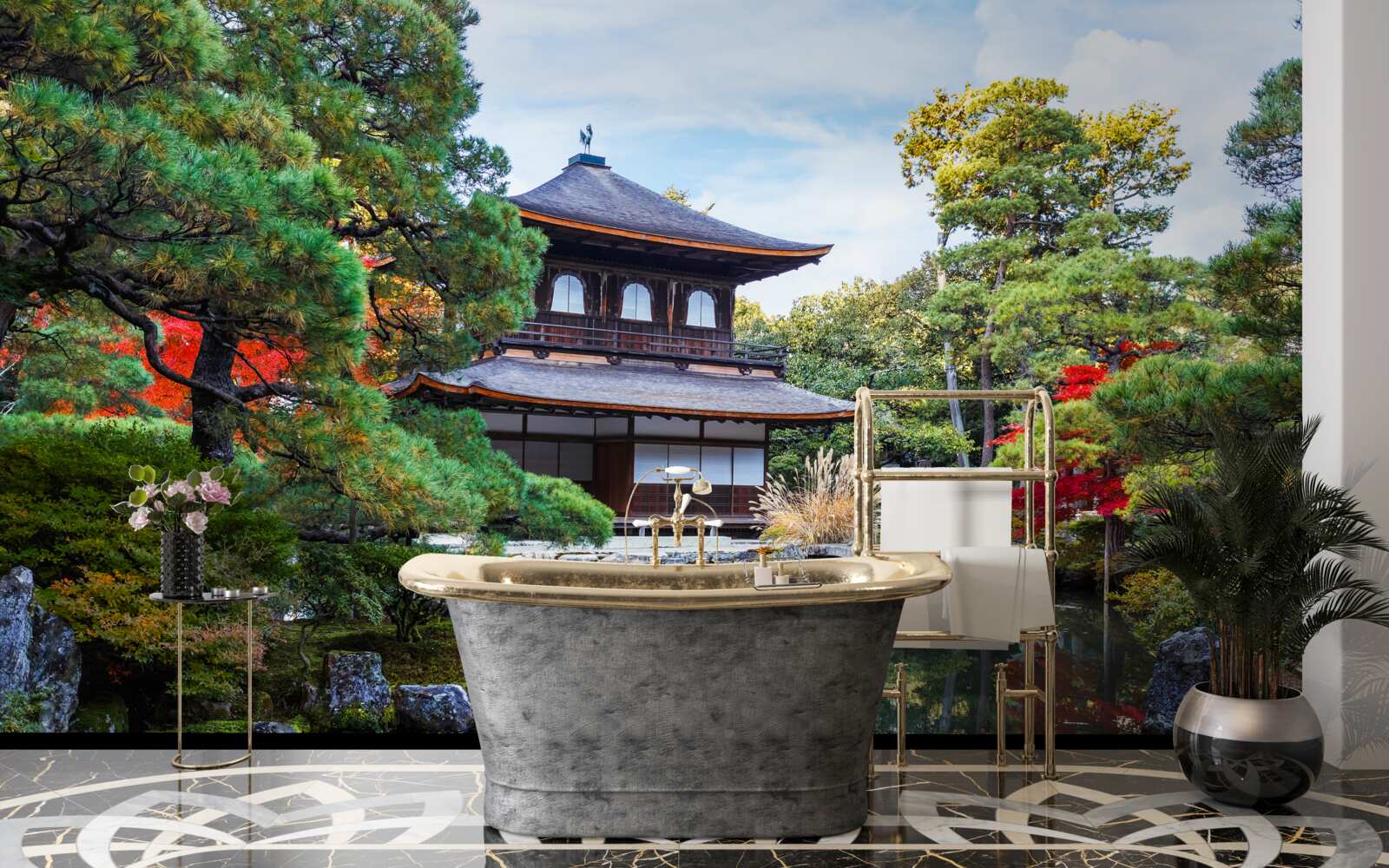 Фотошпалери Японський садовий будиночок на березі озера, сповнений затишку