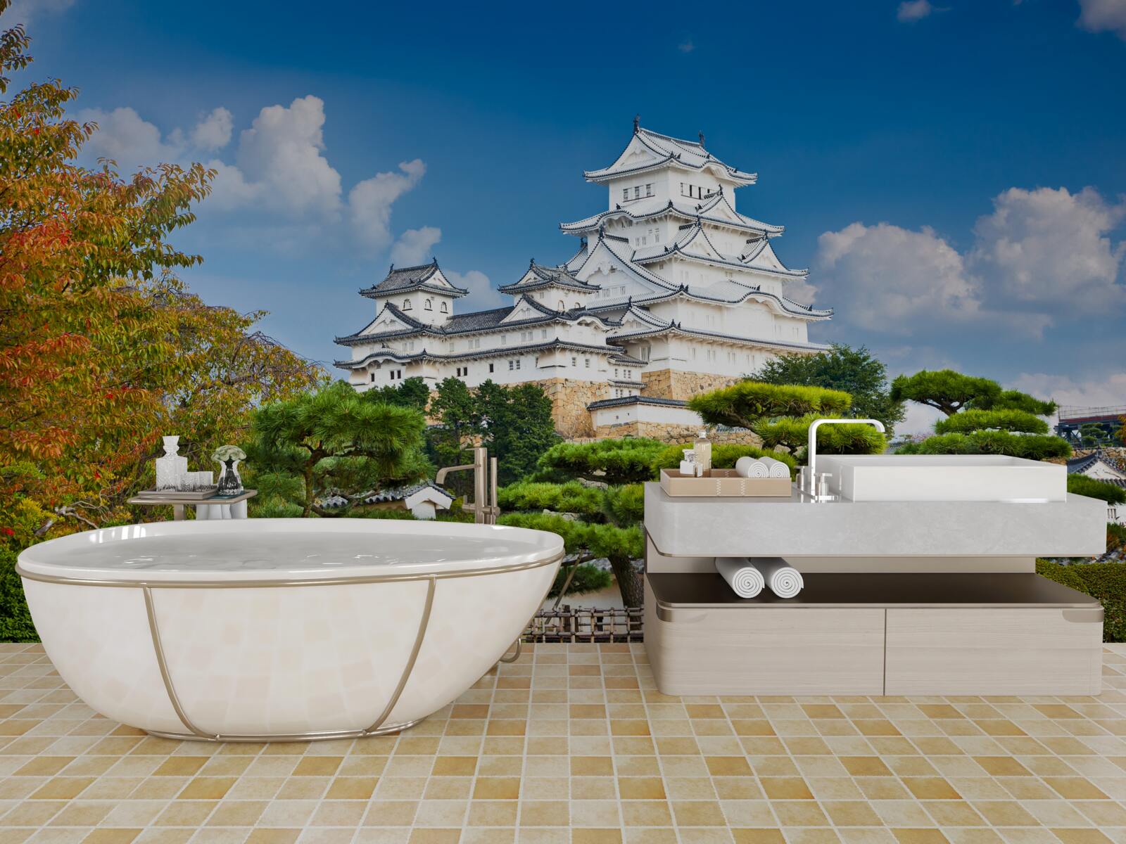 Фотошпалери Японський храм у горах, оточений зеленню