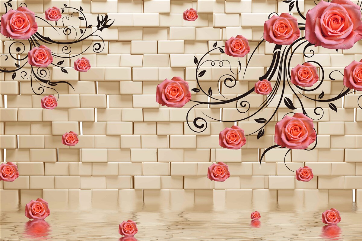 Фотошпалери на тлі цегляної стіни на гілках видніється червона троянда