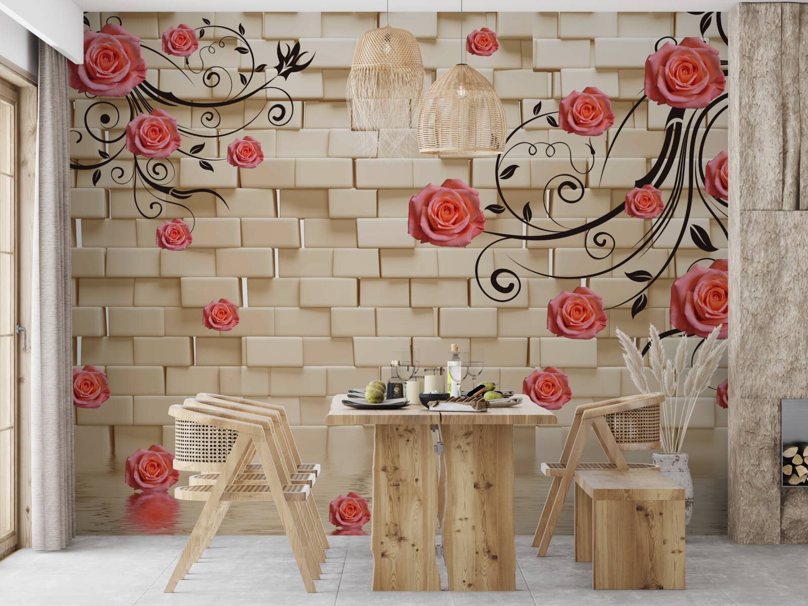 Фотошпалери на тлі цегляної стіни на гілках видніється червона троянда