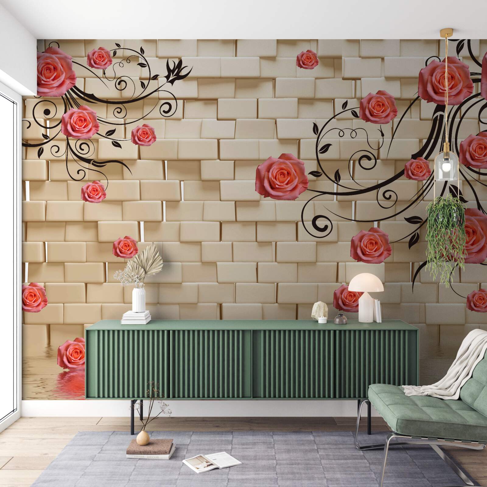 Фотошпалери на тлі цегляної стіни на гілках видніється червона троянда