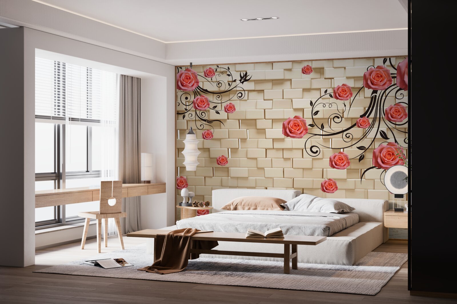 Фотошпалери на тлі цегляної стіни на гілках видніється червона троянда