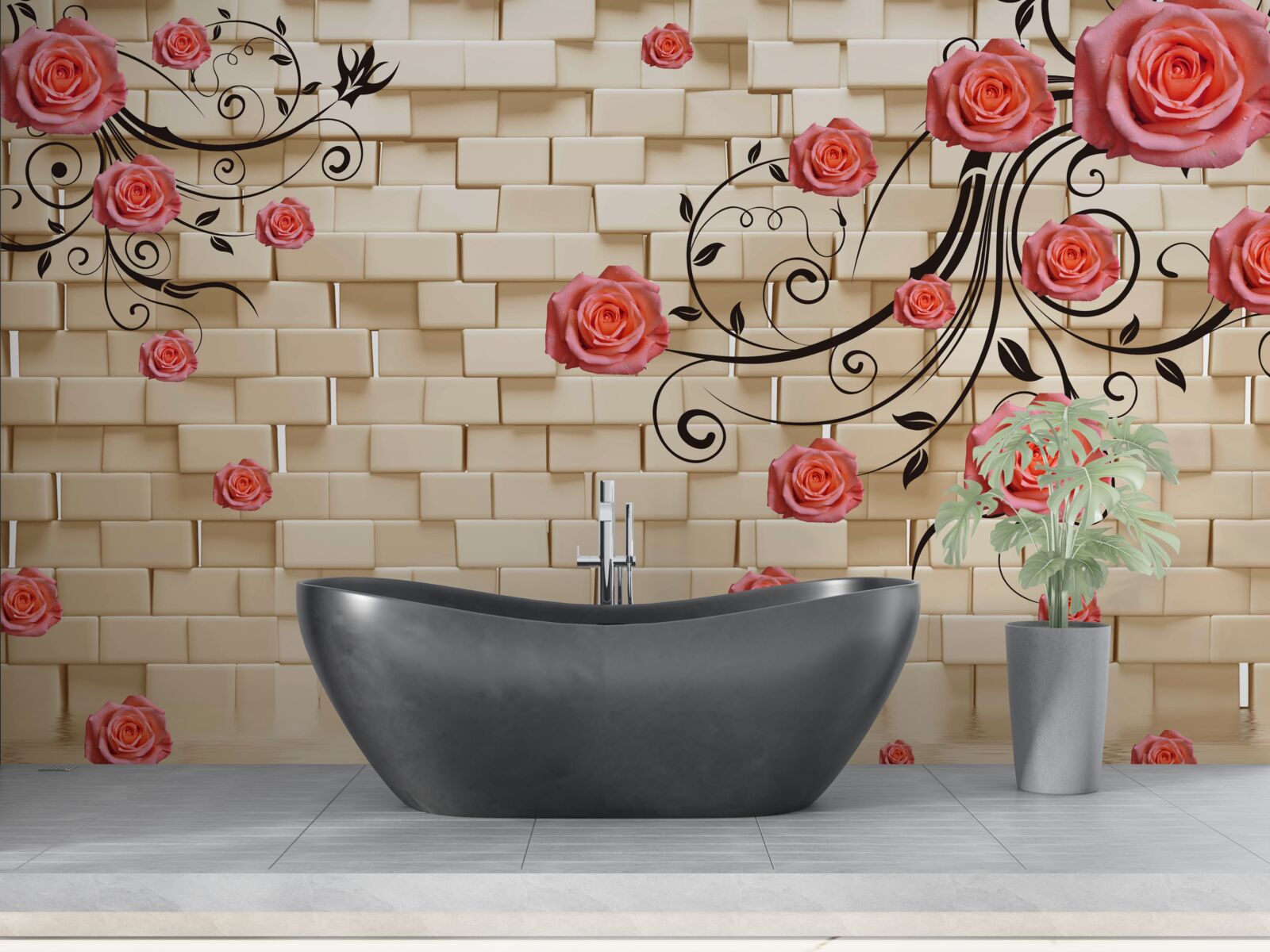 Фотошпалери на тлі цегляної стіни на гілках видніється червона троянда