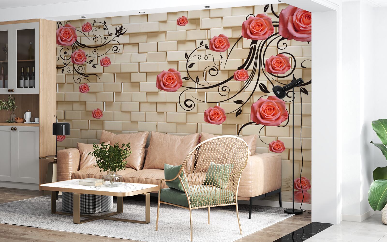 Фотошпалери на тлі цегляної стіни на гілках видніється червона троянда