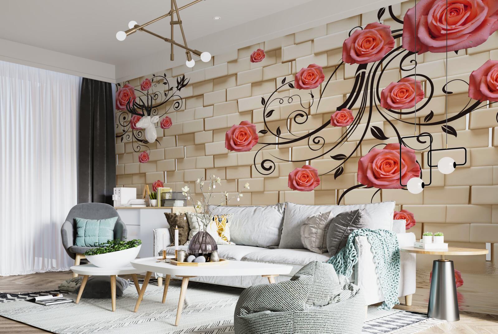 Фотошпалери на тлі цегляної стіни на гілках видніється червона троянда