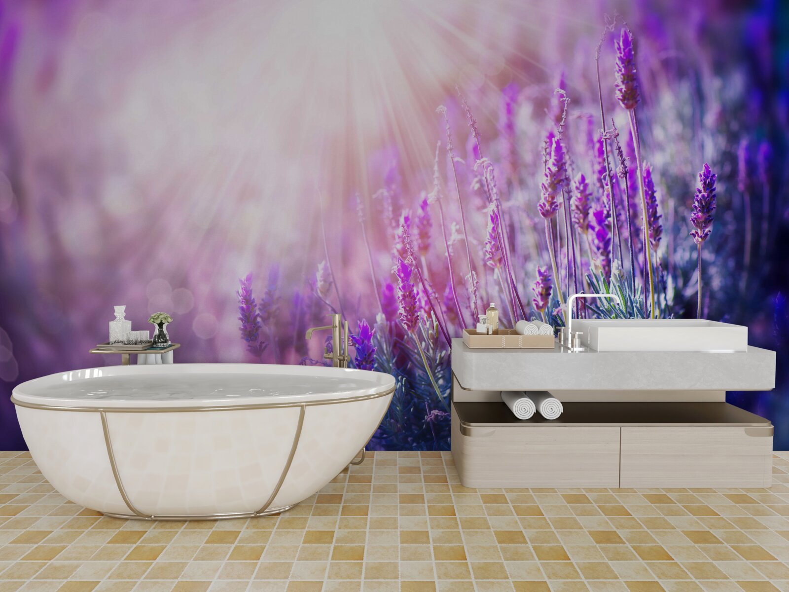 Фотошпалери сонячні промені освітлюють кущі лаванди