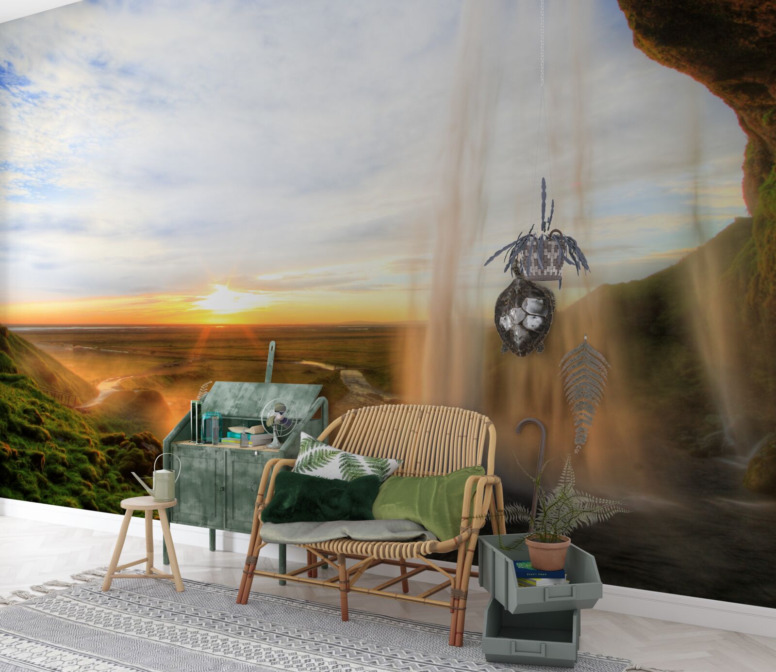 Фотошпалери захід сонця, що освітлює величні водоспади