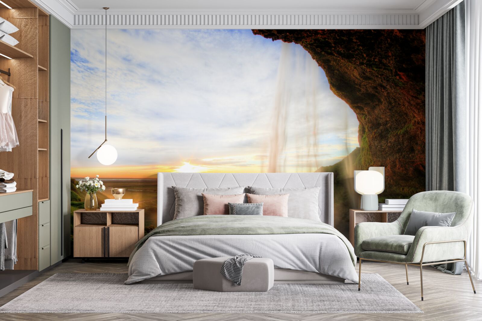 Фотошпалери захід сонця, що освітлює величні водоспади