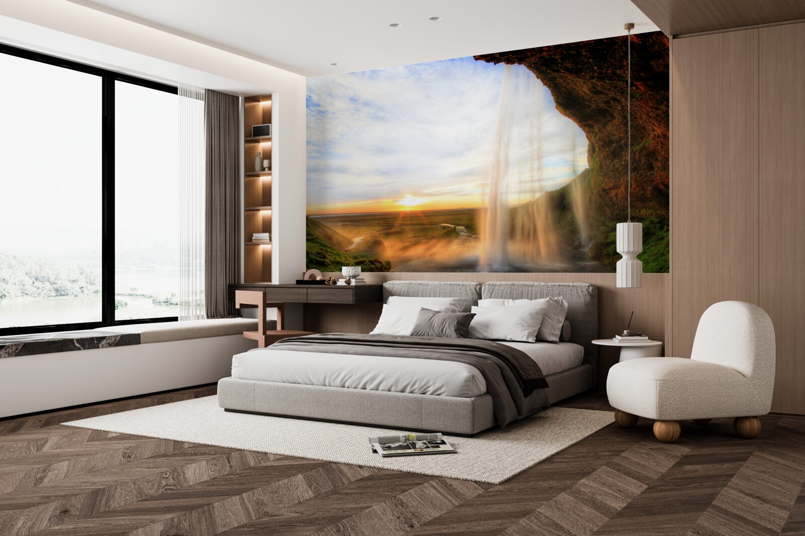 Фотошпалери захід сонця, що освітлює величні водоспади