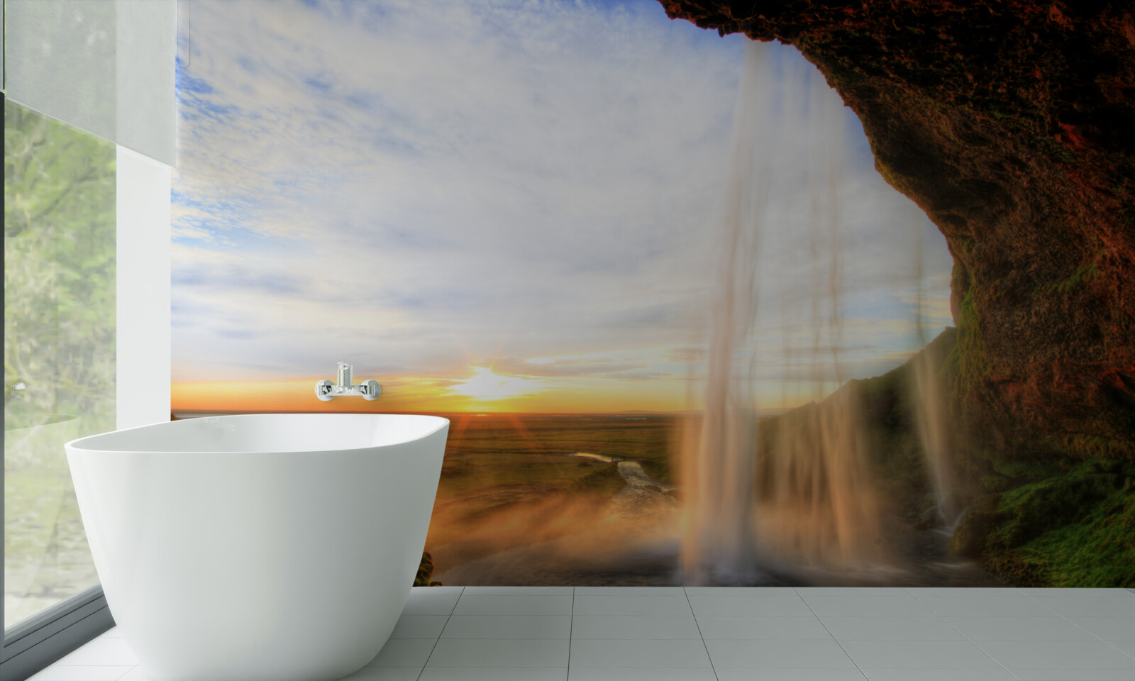 Фотошпалери захід сонця, що освітлює величні водоспади