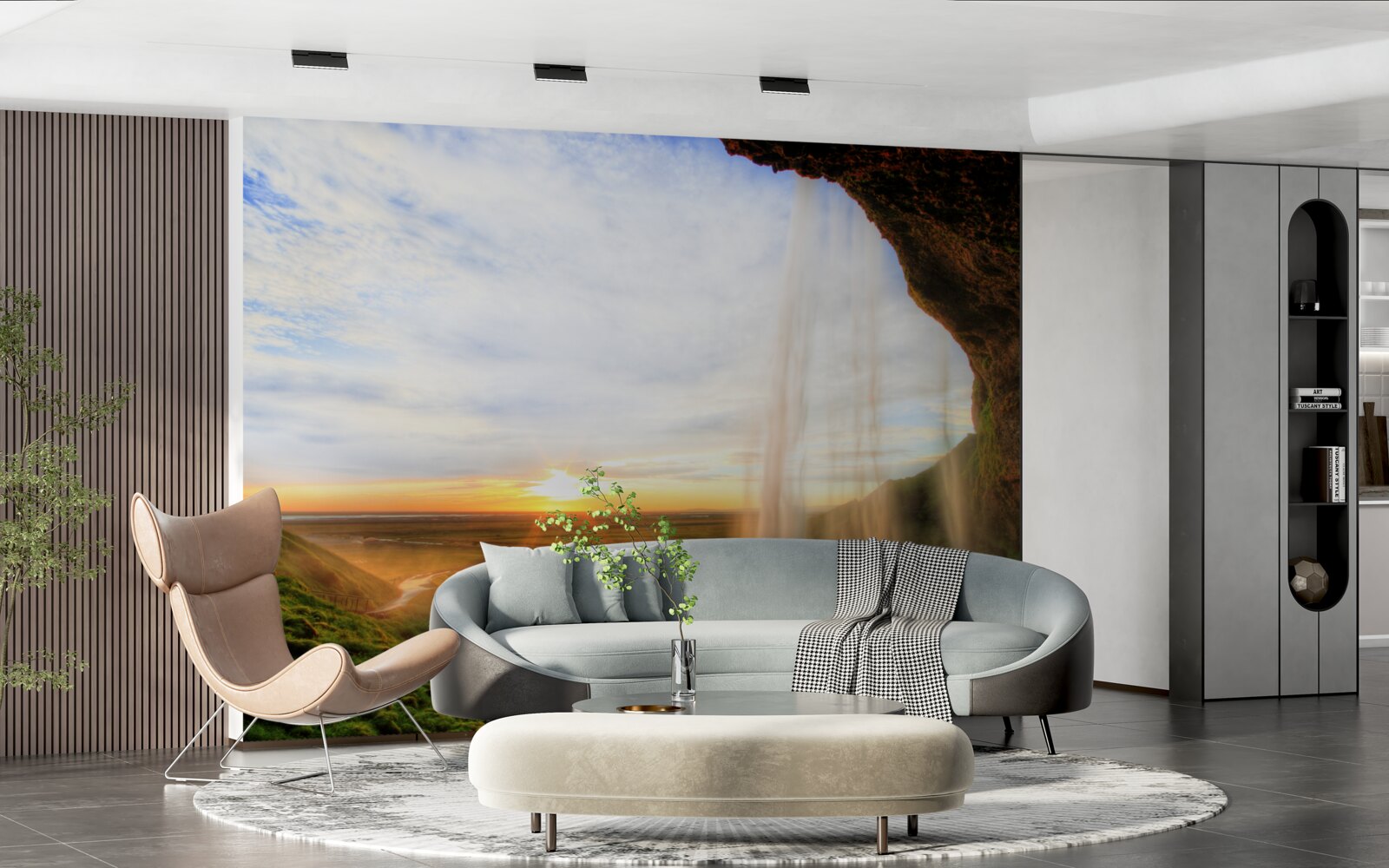 Фотошпалери захід сонця, що освітлює величні водоспади