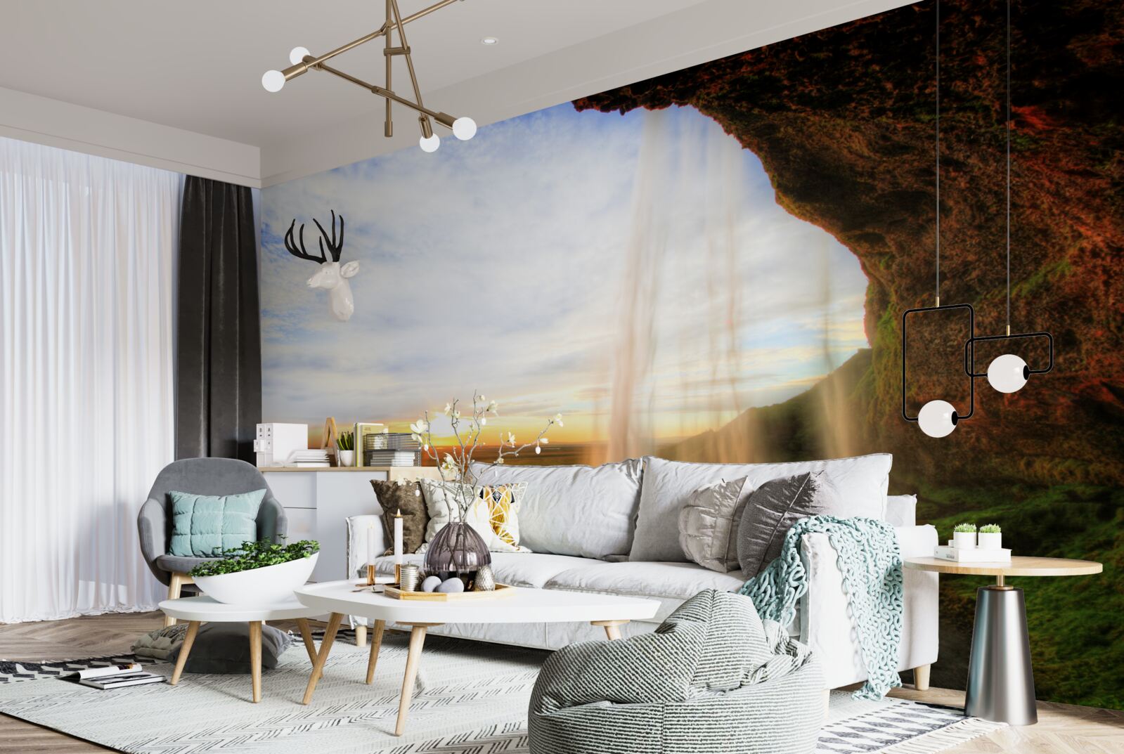 Фотошпалери захід сонця, що освітлює величні водоспади