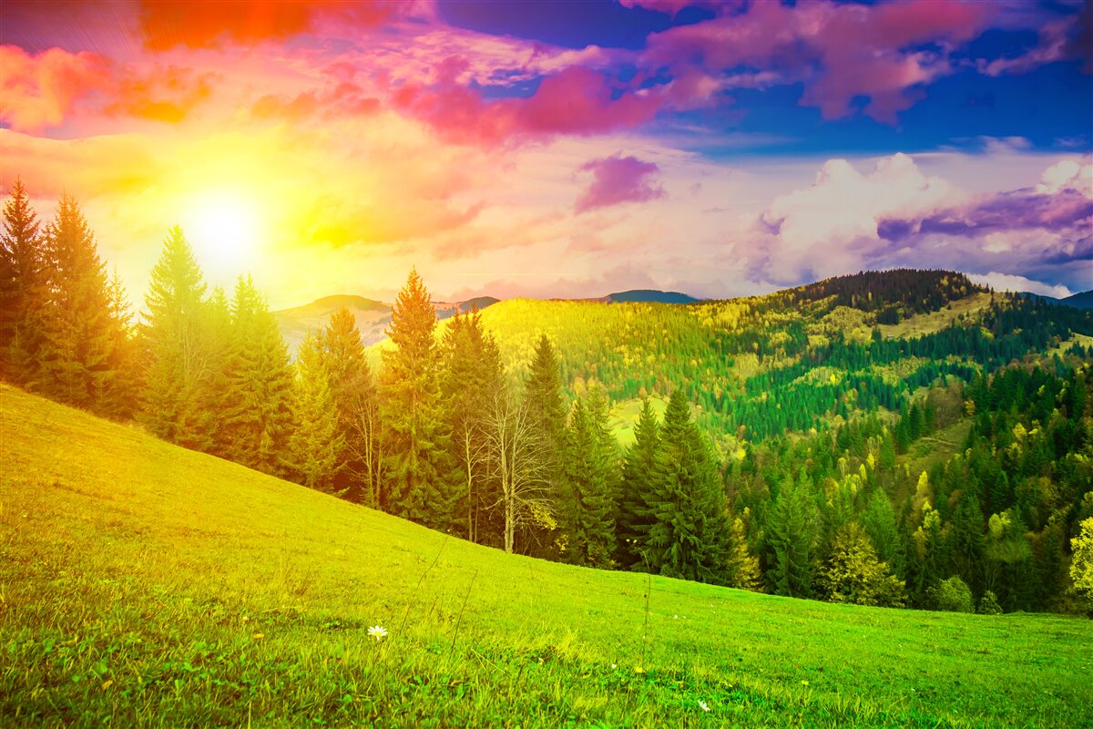 Фотошпалери палючий захід сонця розфарбував зелений пагорб яскравими барвами