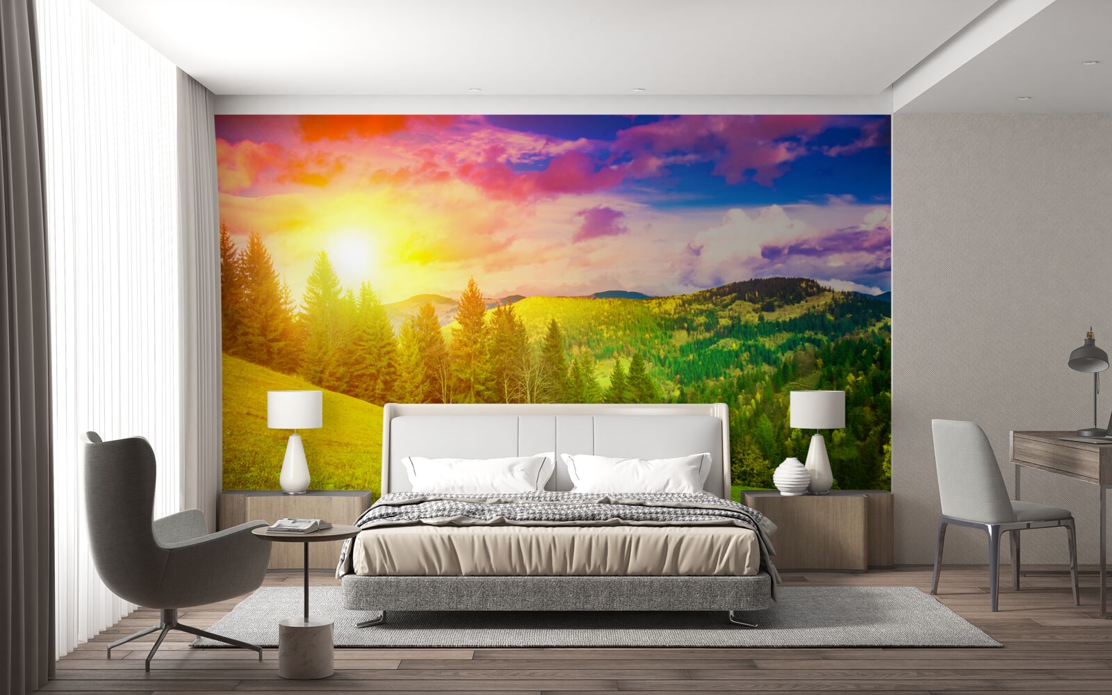 Фотошпалери палючий захід сонця розфарбував зелений пагорб яскравими барвами