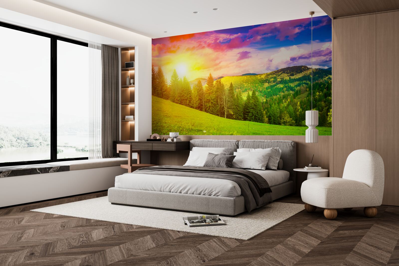 Фотошпалери палючий захід сонця розфарбував зелений пагорб яскравими барвами