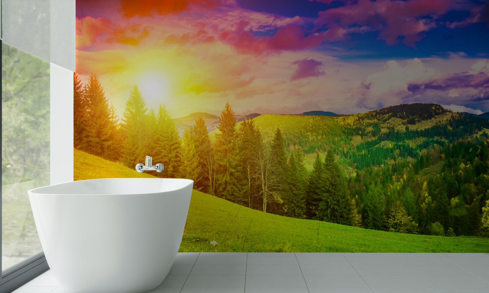 Фотошпалери палючий захід сонця розфарбував зелений пагорб яскравими барвами