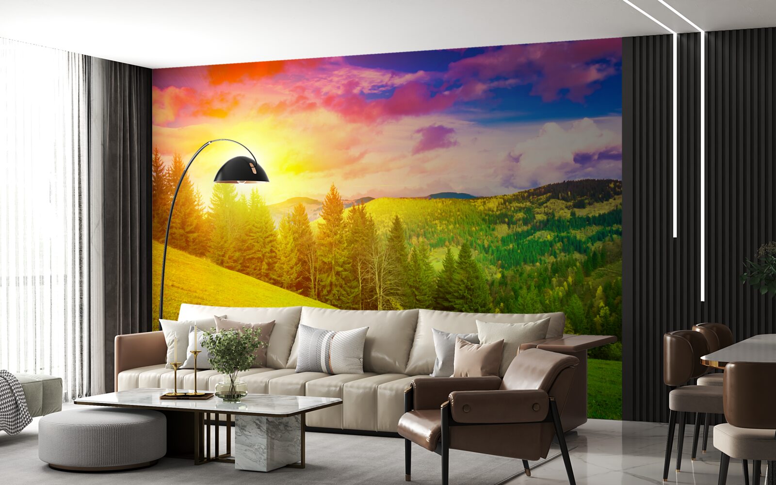 Фотошпалери палючий захід сонця розфарбував зелений пагорб яскравими барвами