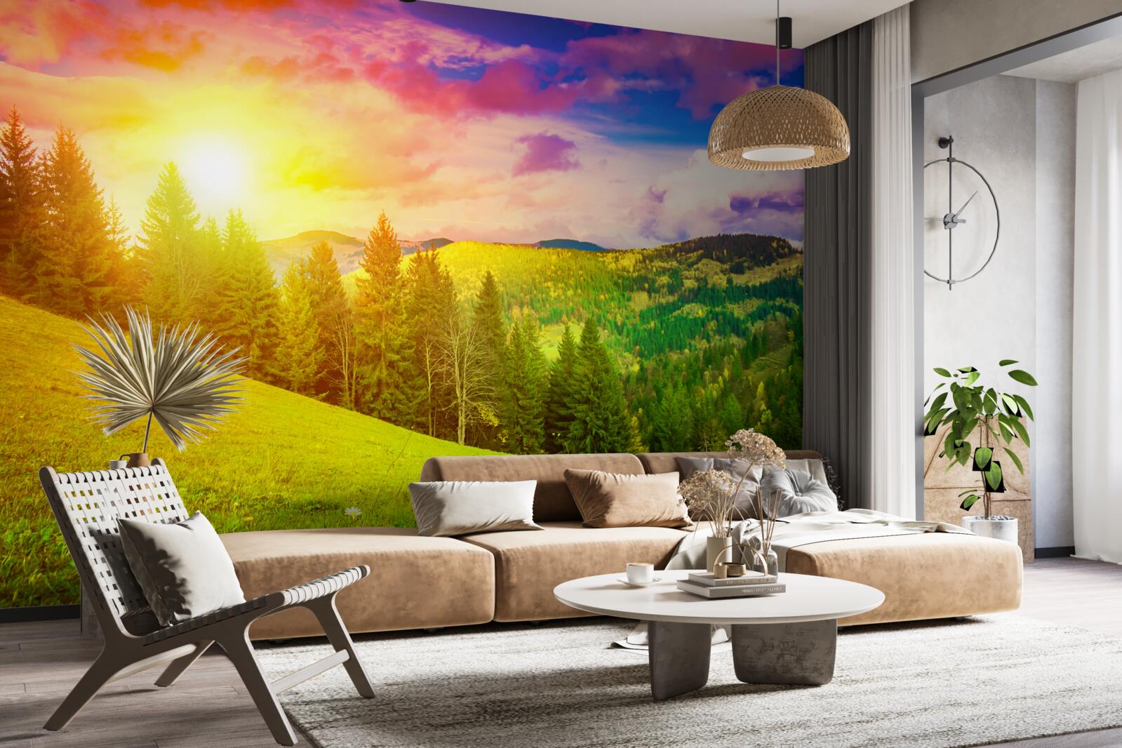 Фотошпалери палючий захід сонця розфарбував зелений пагорб яскравими барвами