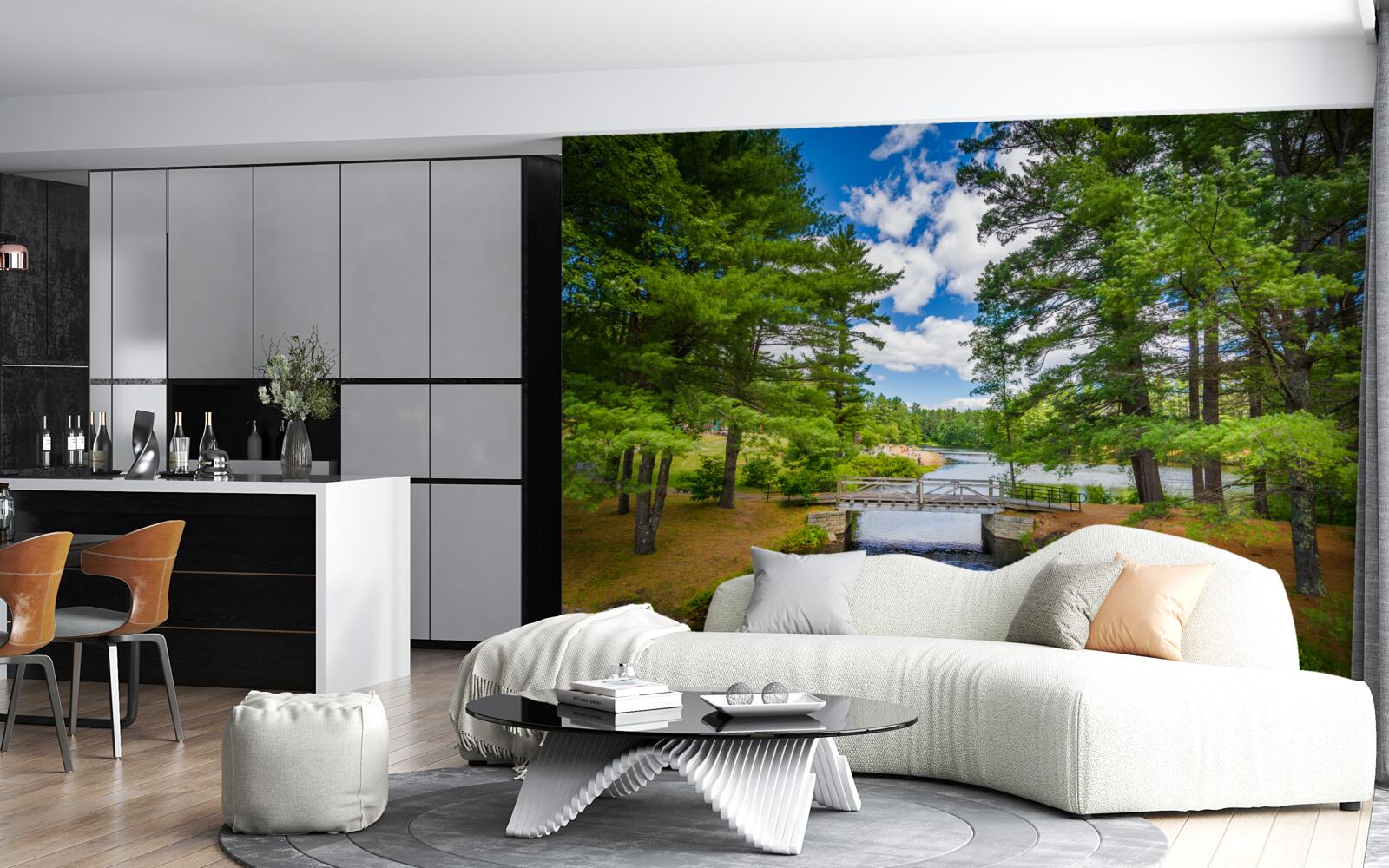 Фотошпалери швидкий потік крізь смарагдовий ліс