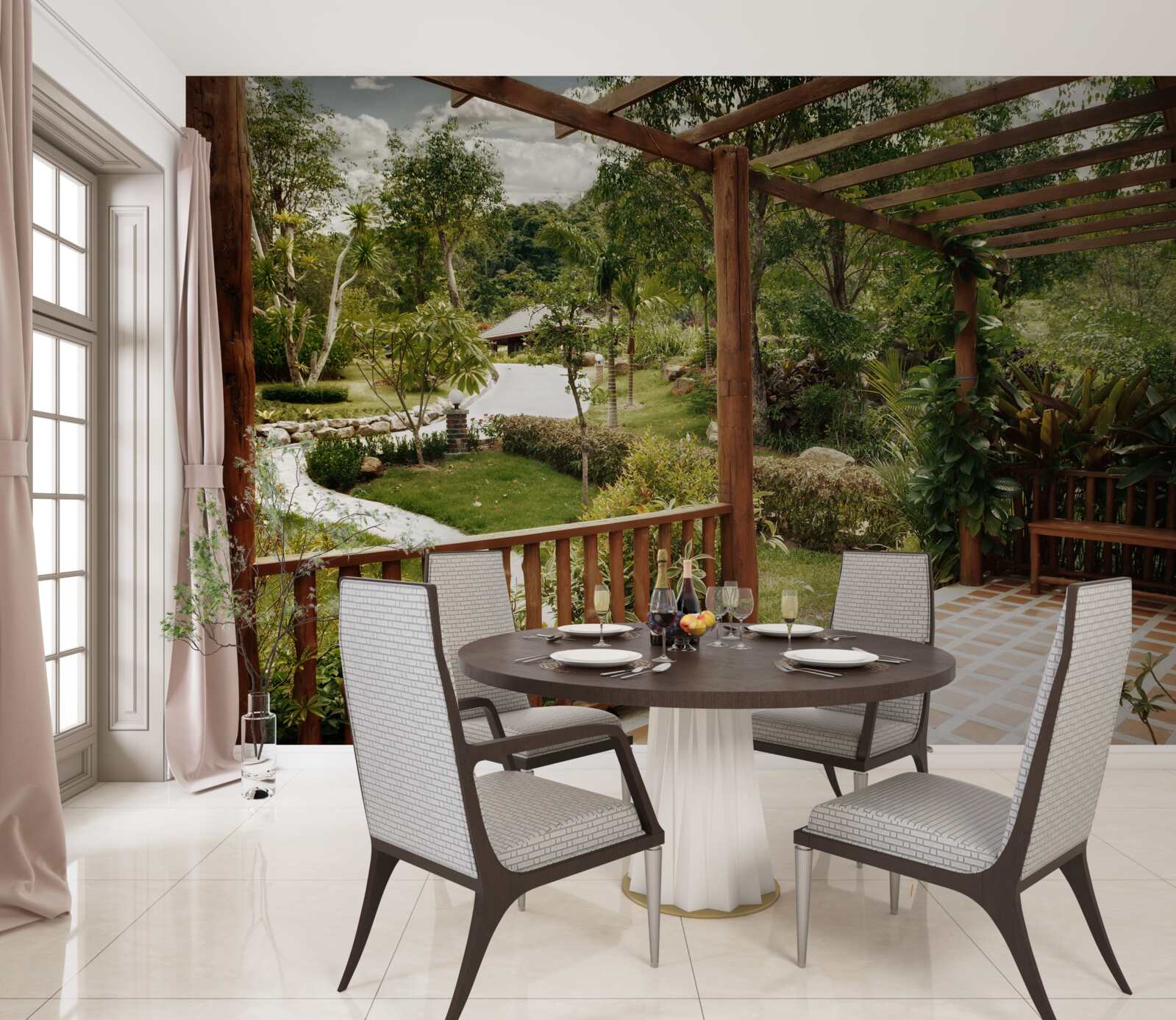 Фотошпалери тераса з комфортом і виходом до ставка