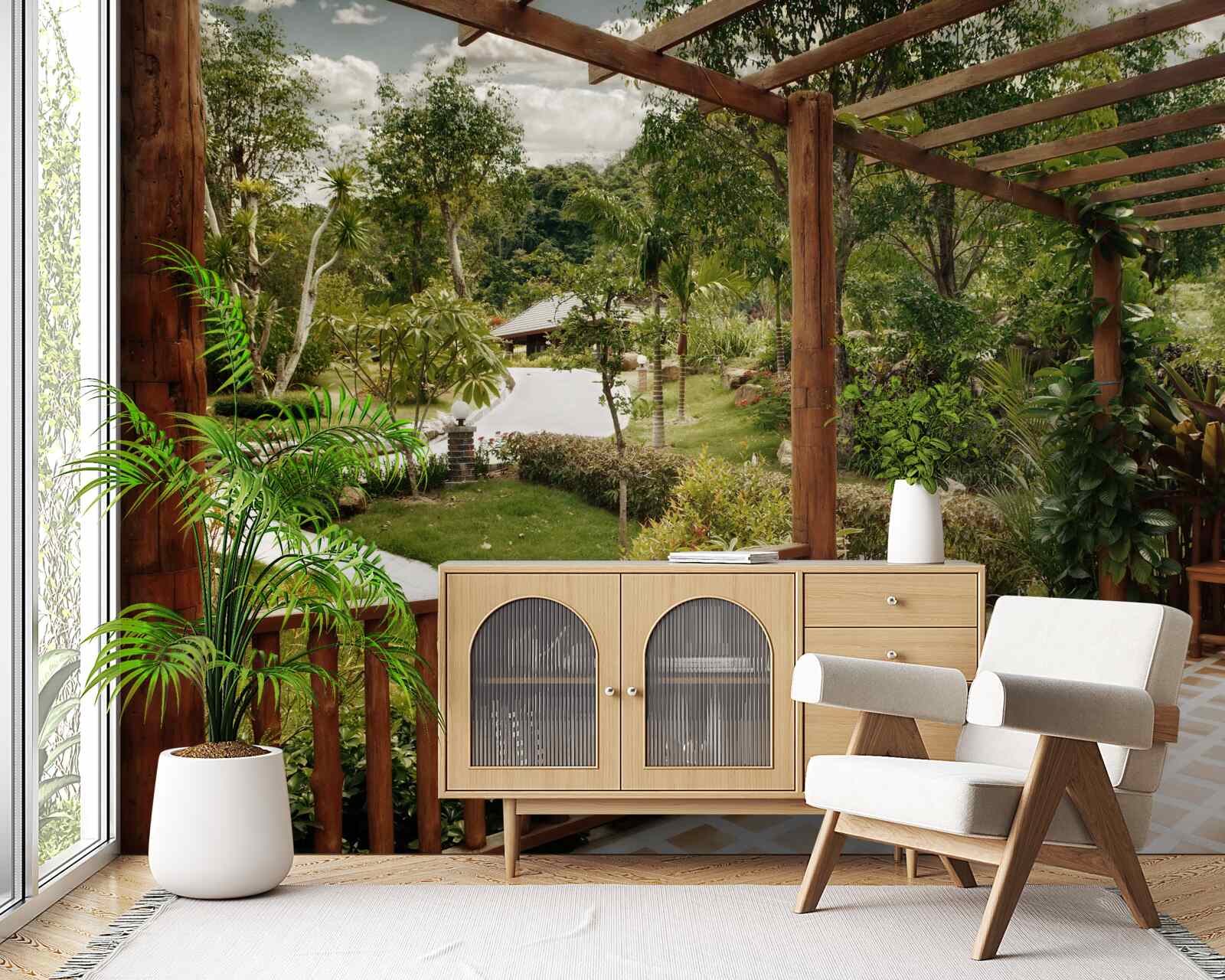 Фотошпалери тераса з комфортом і виходом до ставка