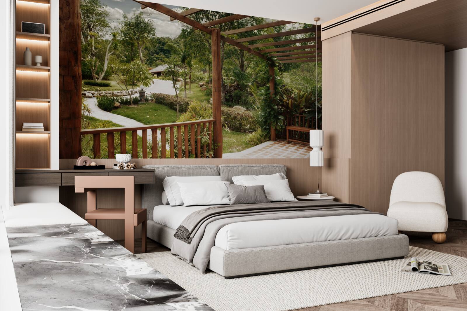 Фотошпалери тераса з комфортом і виходом до ставка