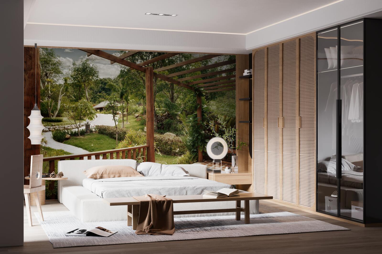 Фотошпалери тераса з комфортом і виходом до ставка