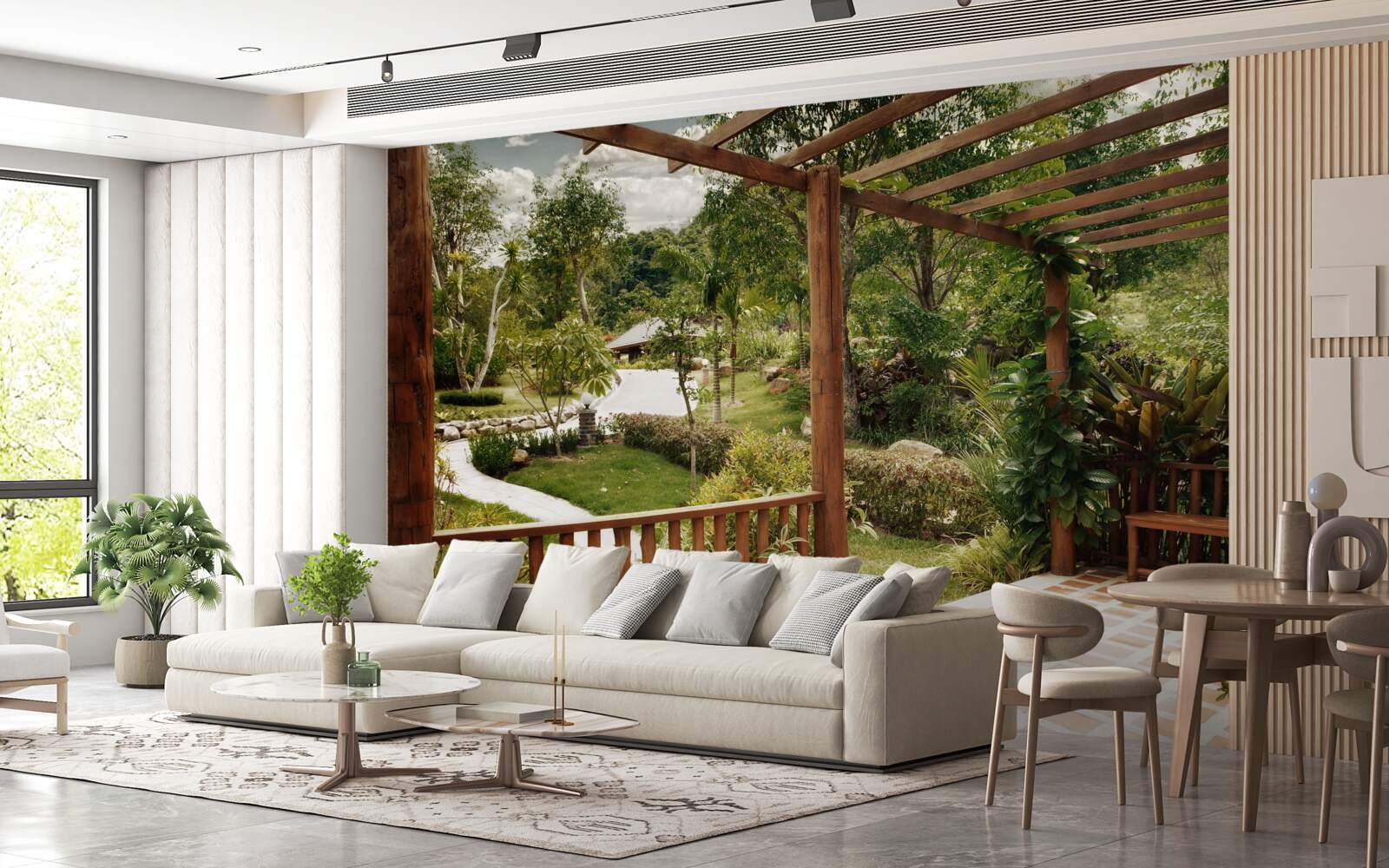 Фотошпалери тераса з комфортом і виходом до ставка