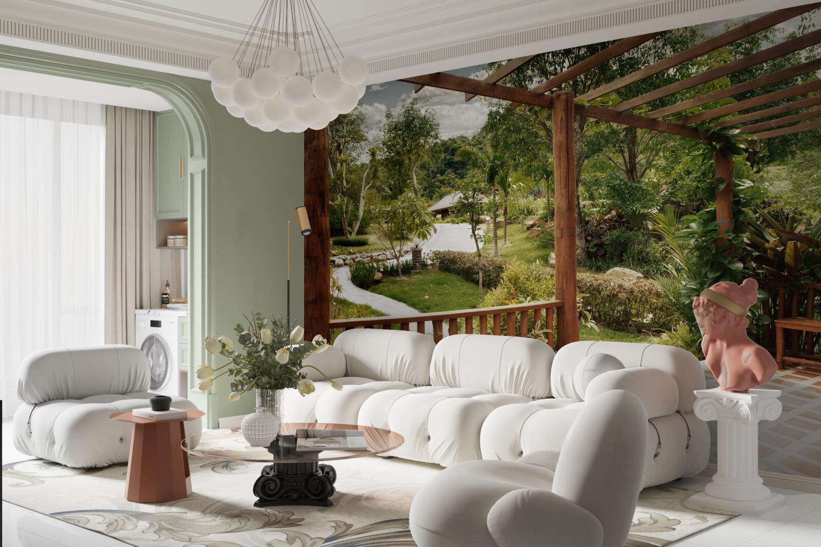 Фотошпалери тераса з комфортом і виходом до ставка